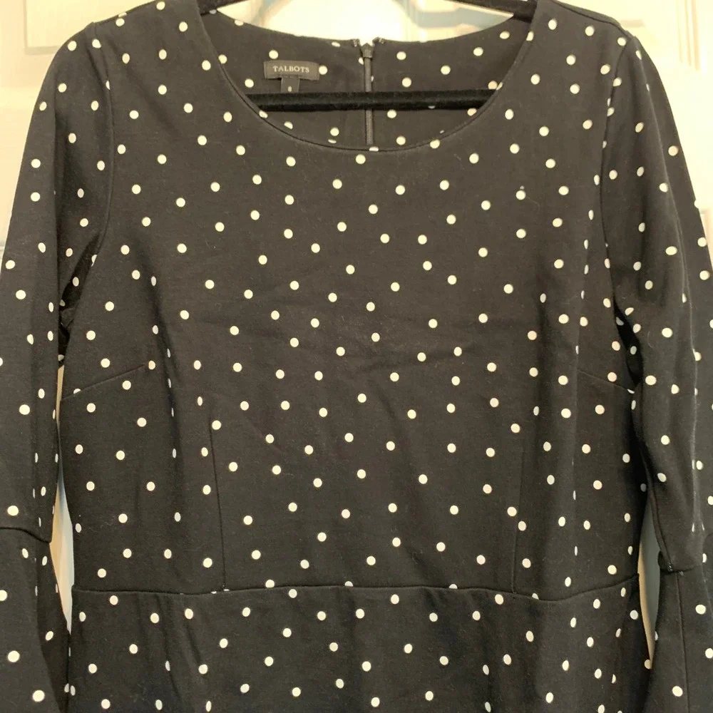 Talbots Polka Dot Dress 8 Black White Bell Sleeve Scalloped Hem Sheath Classic